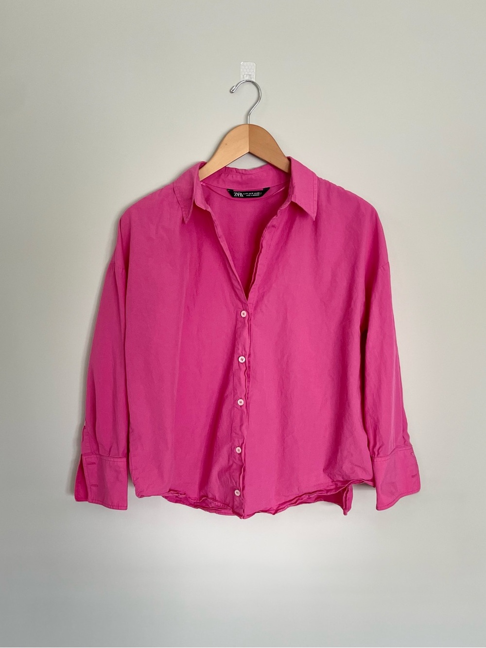 Zara Oxford Hot Pink 3/4 Sleeves Cropped Button-Up Shirt